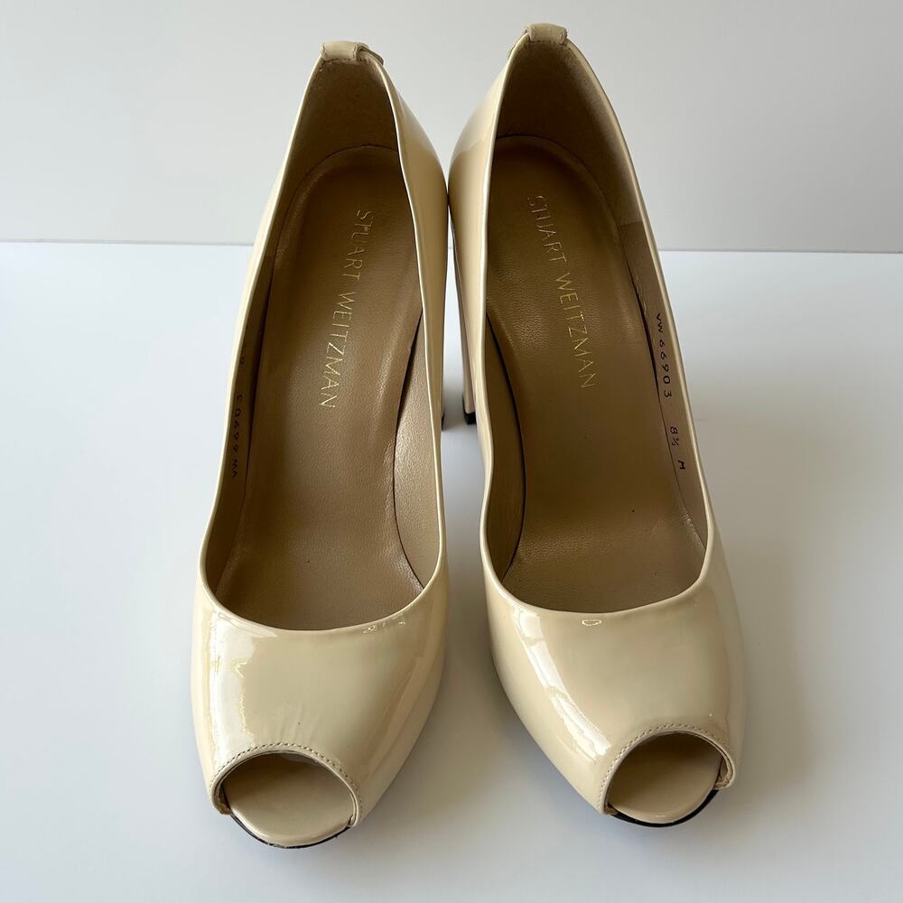 Stuart Weitzman Nude Patent Peep Toe Block Heel Pumps Spritely Size 8.5 M Spain - Picture 4 of 15